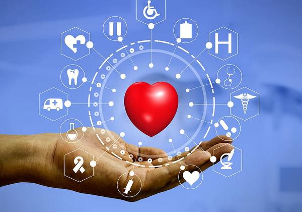 hand holding graphics representing elements of health care