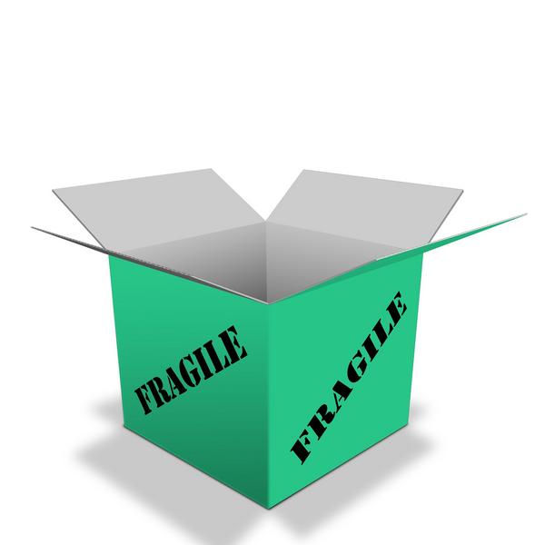 Open cardboard box with "Fragile" written on it