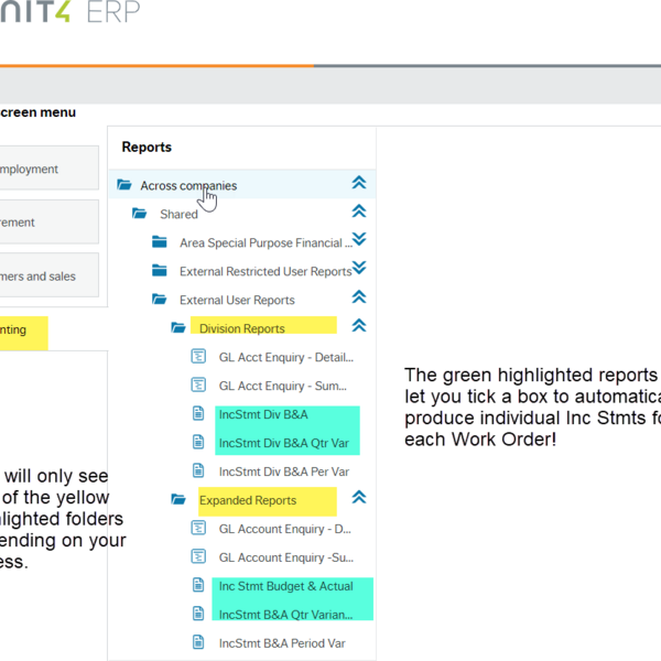 Employee Portal Home screen with highlighted folders "Division" and "Expanded" Reports and IncStmt Div B&A, IncStmt Div B&A Qtr Var, IncStmt Budget & Actual and IncStmt B&A Qtr Variance.