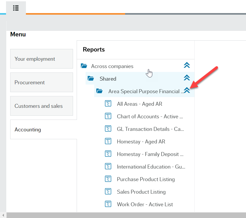 Employee Portal Workspace with a red arrow pointing to the "Areas Special Purpose Finance Reports" folder under Reports>Across Companies>Shared.