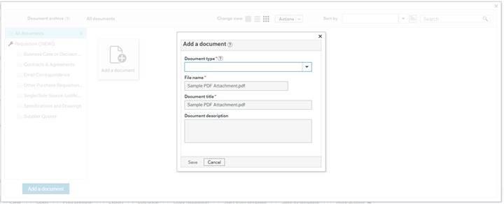 Add a document dialogue box showing "Sample PDF Attachment File" in the "File name" and "Document title" fields.