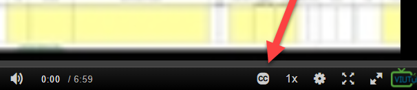 Arrow pointing to CC symbol on bottom of video screen for turning Closed Captioning on or off.