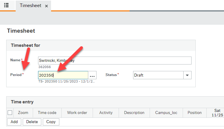 Red arrows pointing to Period name and field to show where to change it.