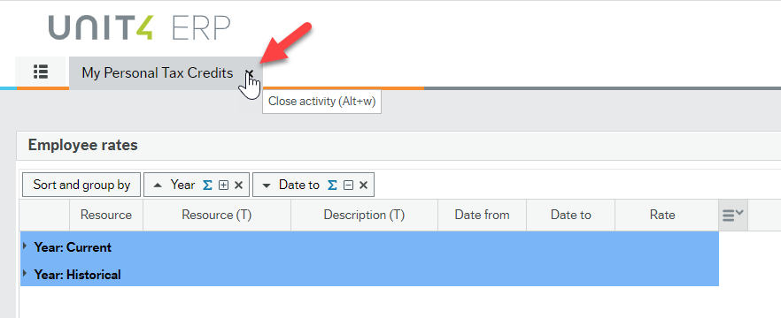 Employee Portal screen with tab open at the top called "My Personal Tax Credits" with red arrow pointing to the "x" in top right corner of the tab.