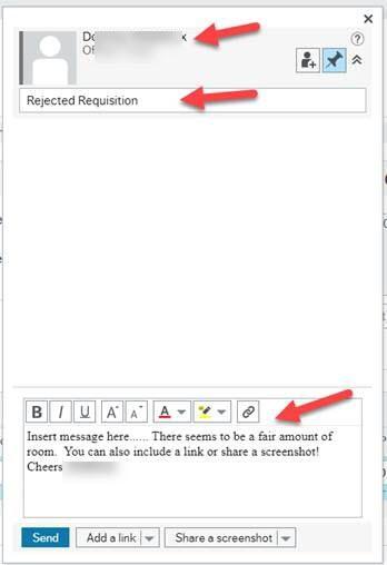 Screen shot of Pinned conversation window with arrows pointing to conversation title field and field below for entering your message. Also shows formatting icons available.