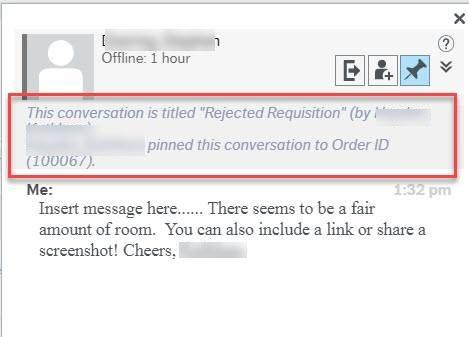 Screen shot of pinned conversation message window showing the title of the message, who sent it and the message content.
