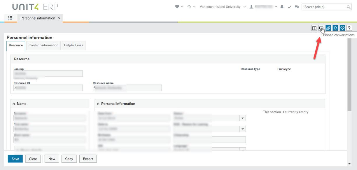 Screen shot of Personnel activity open in Employee Portal with red arrow pointing to quote bubble icon in the top right corner