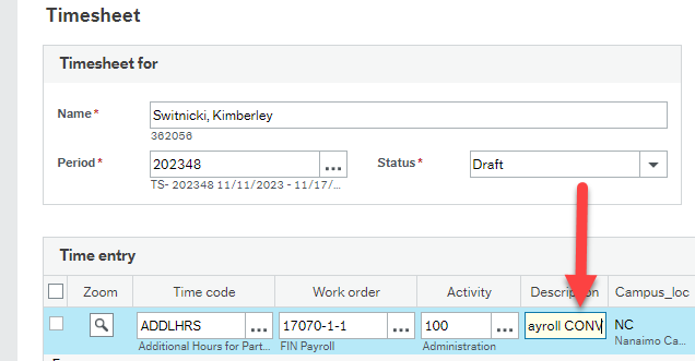 Timesheet entry screen with red arrow pointing at revised Description field for the work order that now says CONV at the end