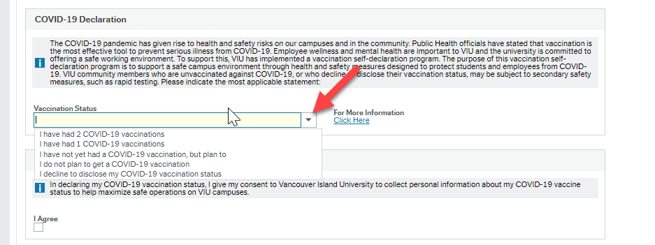 COVID-19 tab in Employee Portal with red arrow pointing to five options in dropdown list: I've had 2 COVID-19 vaccinations, I've had 1 COVID vacc, I have not yet had a COVID vacc but plan to, I do not plan to get a COVID vacc and I decline to disclose 