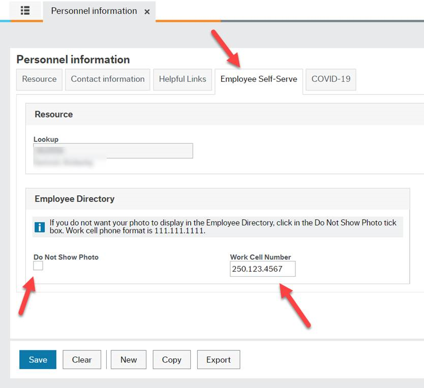 "Personnel information" tab from Employee Portal open with red arrow pointing to tab labeled Employee Self-Serve, another red arrow pointing to empty box labelled Do Not Show Photo and red arrow pointing to box with 250.123.4567 in it titled Work Cell Num