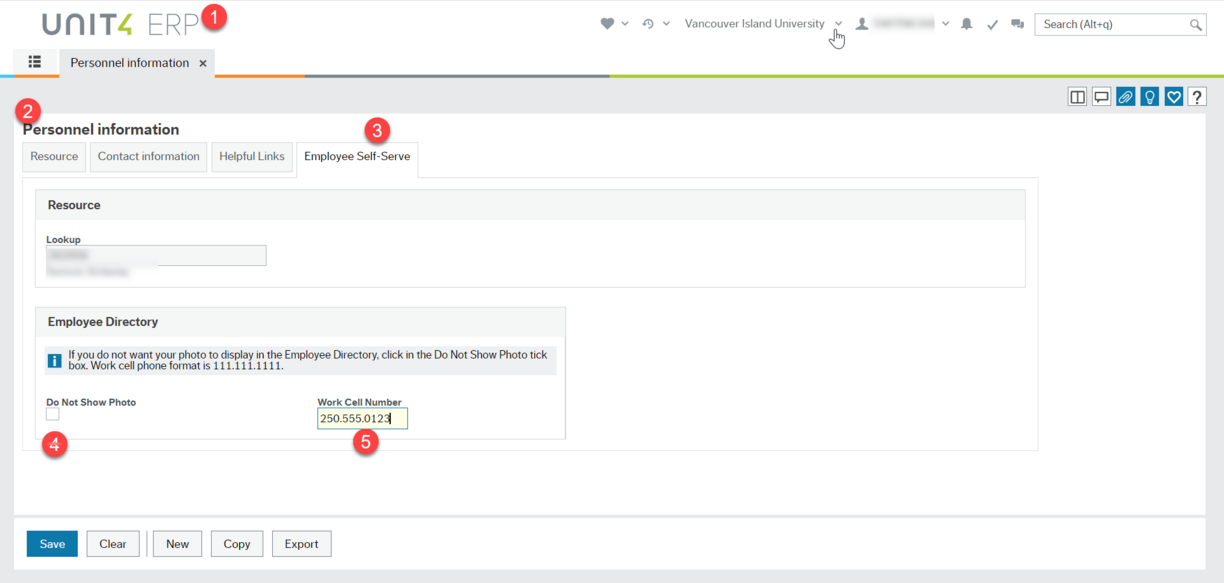 Personnel information activity open in Employee Portal with red number 1 at heading, red number 2 by window title, red number 3 by Employee Self-Serve tab, red number 4 by tickbox labelled Do Not Show Photo and red number 5 by field labelled Work Cell Num