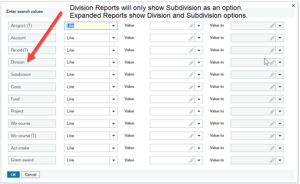 "Enter search values" grid with 12 rows titled: Accgrp1 (T), Account, Period (T), Division, Subdivision, Costc, Fund, Project, Wo-course, Wo-course (T), Act-Intake and Grant-award and 3 columns to enter Values plus red arrow pointing to Division row..