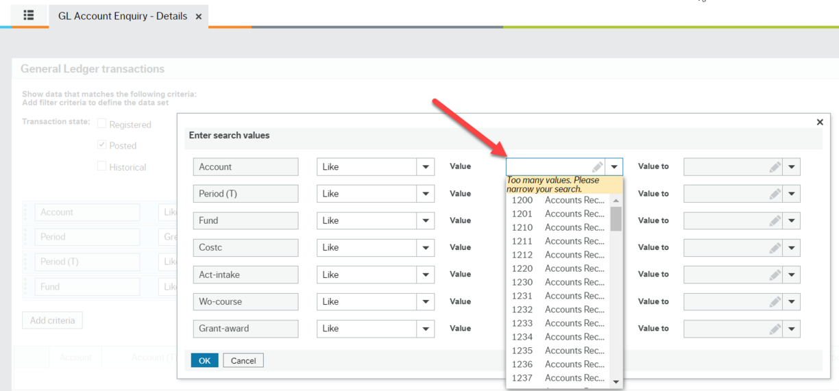 Enter Search Value screen with red arrow pointing to Value field with list of account options showing in the dropdown list.