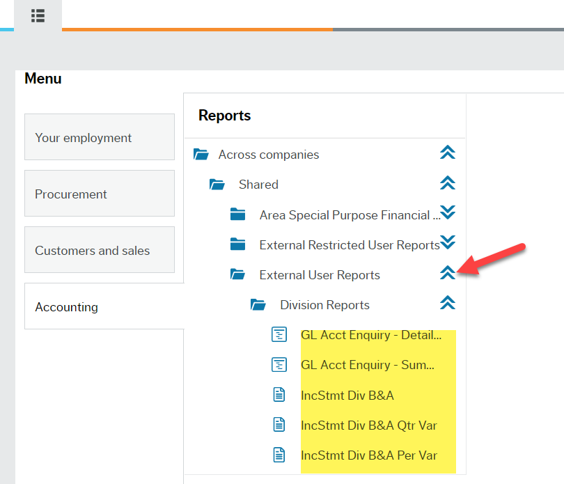 Employee Portal Workspace with a red arrow pointing to the folder "External User Reports" under Reports>Across Companies>Shared.