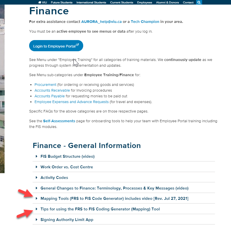 Screen shot of Finance training home page with red arrows pointing to items: Mapping Tools (FRS to FIS Code Generator) and Tips for using the FRS to FIS Coding Generator.