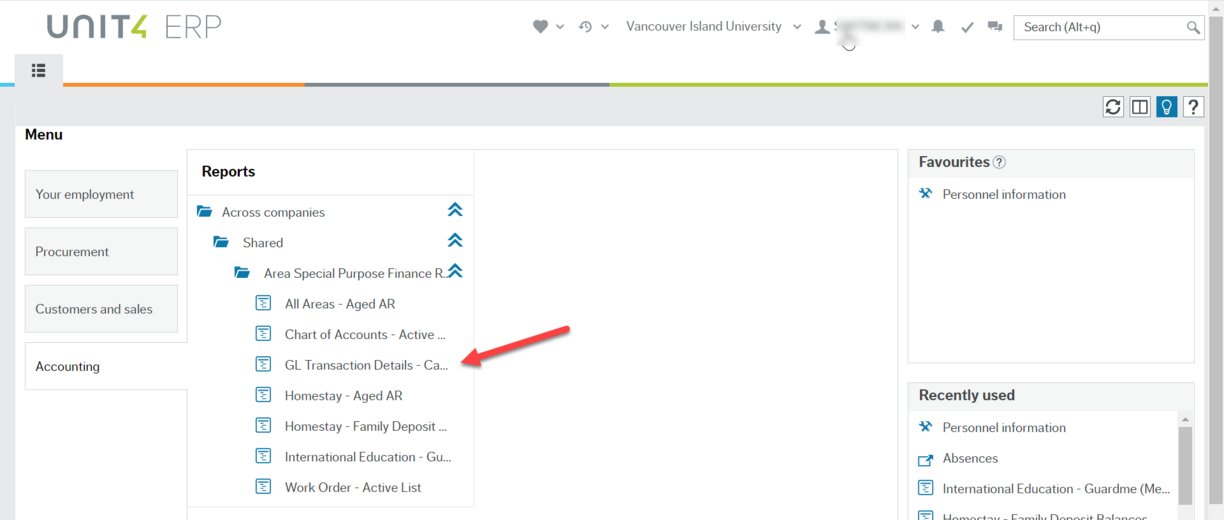 Workspace of Employee Portal with red arrow pointing to GL Transaction Details - Carbon Reporting item under the Areas Special Purpose Finance Reports folder that is in the Shared folder that is in Across companies under main Reports heading.