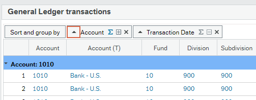 Screen shot of General Ledger transactions box with up arrow beside a column title highlighted to indicate it can be clicked.