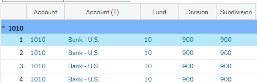 Screen shot of five columns: Account, Account (T), Fund, Division and Subdivision and two rows of data with the heading 1010.