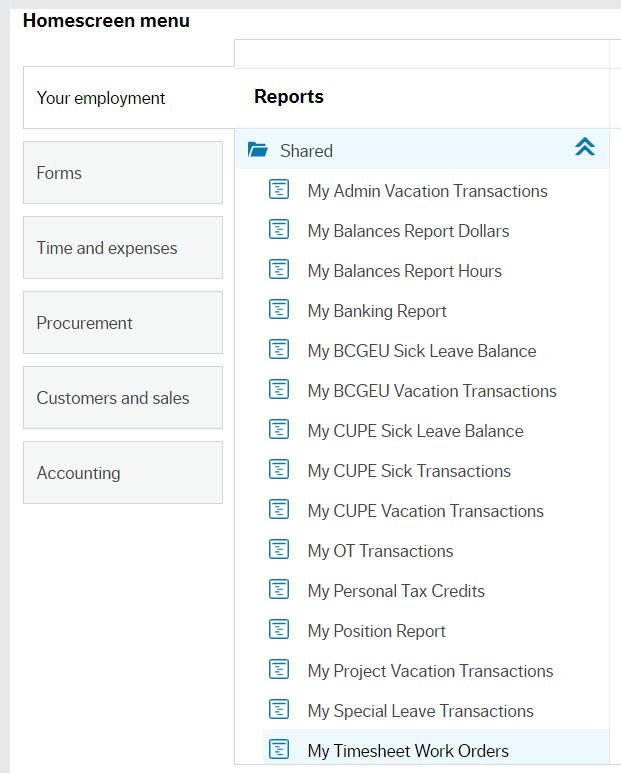 Screenshot of ERP homescreen, My Timesheet Work Orders report menu item highlighted