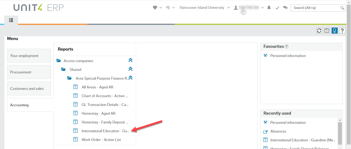 Workspace of Employee Portal with red arrow pointing to International Education - Guardme (Medical Insurance) item under the Areas Special Purpose Finance Reports folder that is in the Shared folder that is in Across companies under main Reports heading.