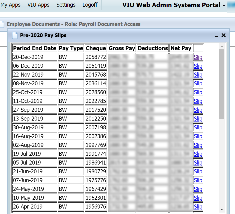 Screenshot of VIU Web Admin Systems Portal with window labelled Pre-2020 Pays Slips shows columns listing Period End Date and blurred data in columns for Gross Pay, Deductions and Net Pay. The word Slip at the end of each row is a link