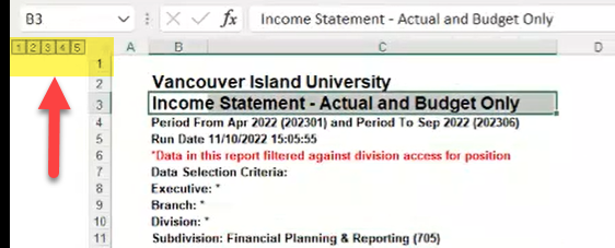 Top portion of sample Income Statement - Actual and Budget Only with red arrow pointing to top left corner of Excel sheet indicating five small boxes in a row beside each other all highlighted in yellow, each with consecutive numbers: 1, 2, 3, 4 and 5. 