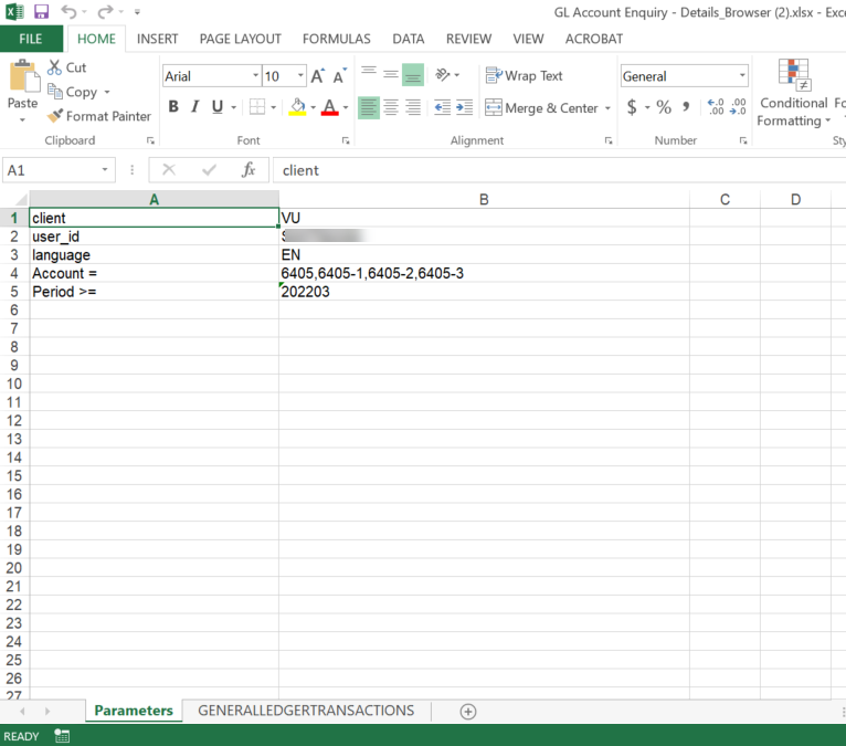 Screenshot of an Excel spreadsheet with two columns and five rows of data indicating: client is VU, user_id is blurred out, language is EN, Account is 6405, 6405-1, 6405-2, 6405-3 and Period>= is 202203