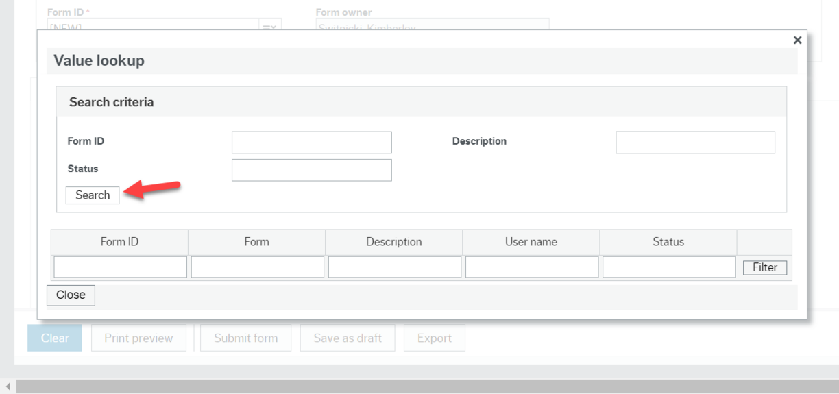 Screenshot of Value lookup window open with a box titled Search Criteria. Below that is Search button with an arrow pointing to it.
