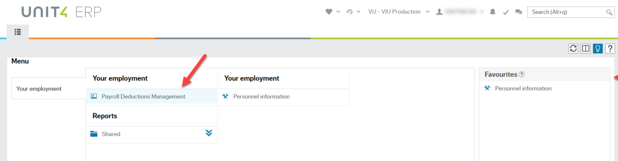 screenshot of Employee Portal workspace with an arrow pointing to item under heading of "Your employment" called Payroll Deductions Management