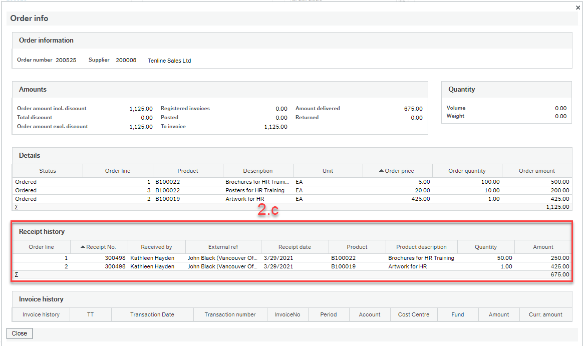 Order info screen with "Receipt history" section highlighted showing Provides info on all of the Goods Receipts, such as the Receipt No, who it was received by, the date it was received, and the product, quantity and $ amount received.