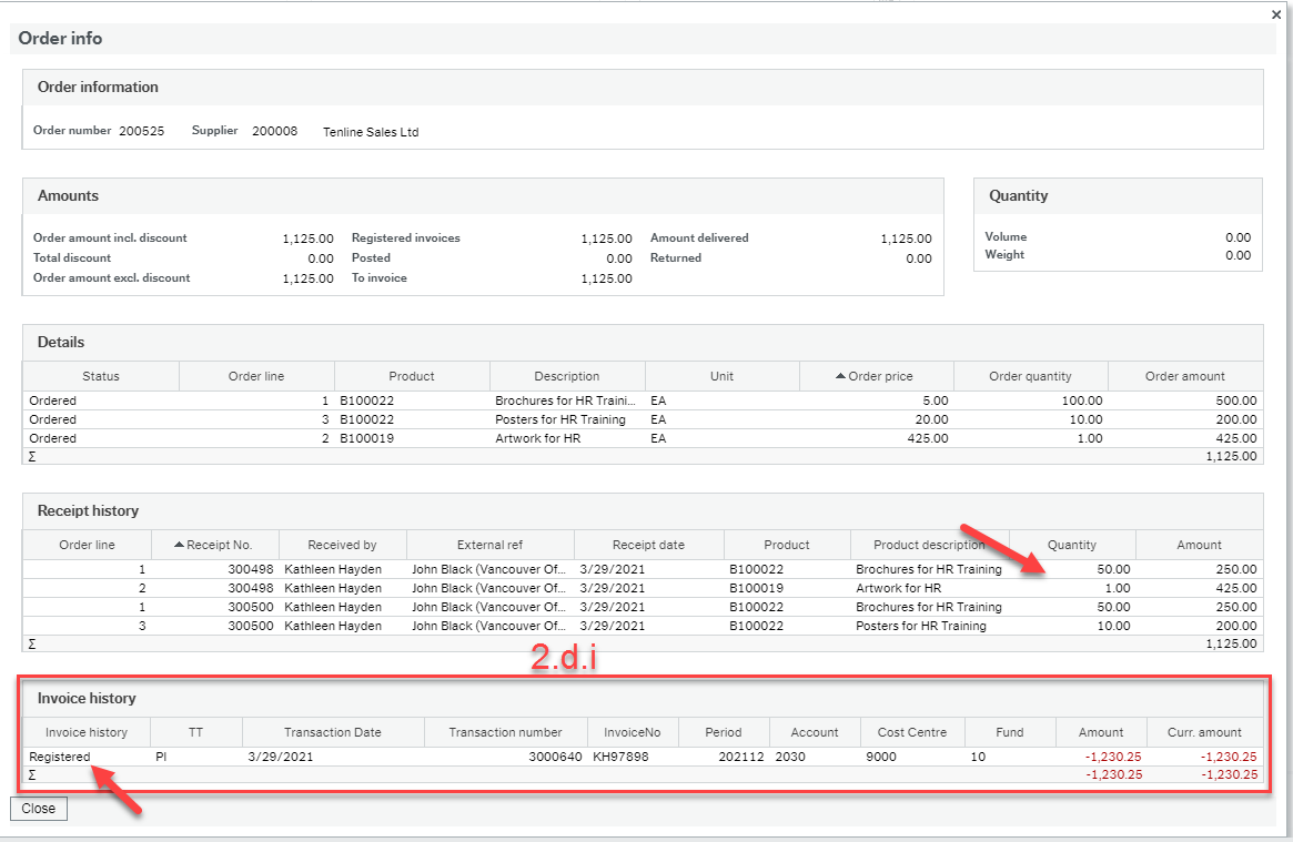 Order info screen with "Invoice history" section highlighted showing an invoice registered Transaction number, Invoice number, Account, Cost Centre and Amount which includes applicable taxes.