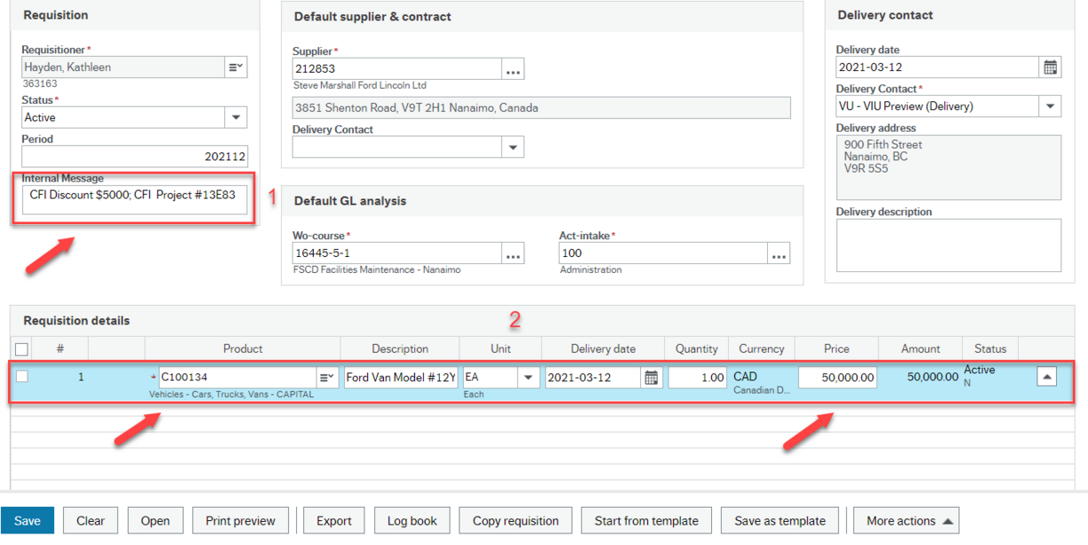 Purchase Requisition Screen details for CFI Discount entry