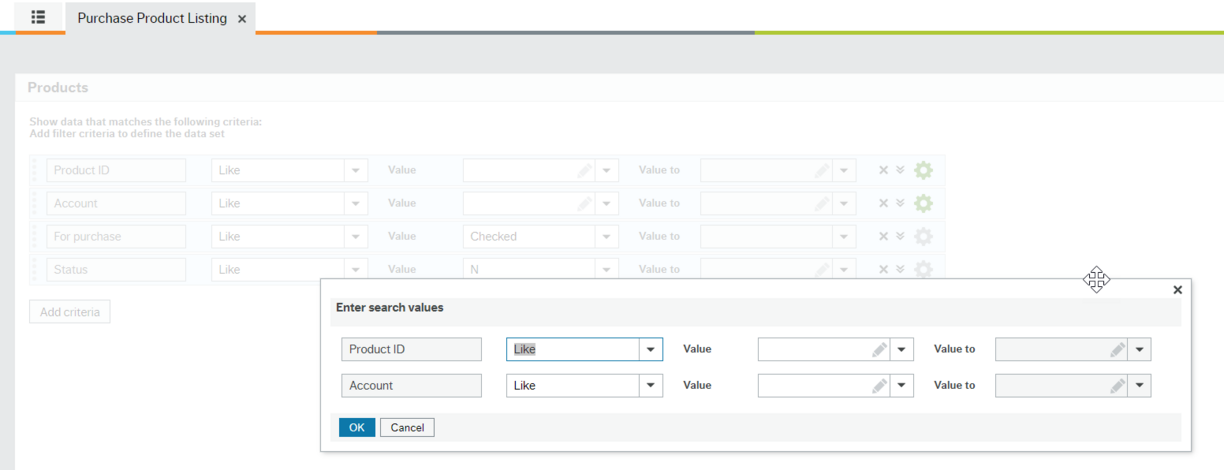 "Enter search values" dialogue box for the Purchase Product Listing report open showing the options to choose values for Product ID, Product group or Account.