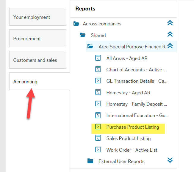 Red arrow pointing to Accounting tab on Employee Portal main home screen and then a list of folders to the right of it with "Product Purchase Listing" highlighted under Area Special Purpose Finance Reports folder which is beneath Across companies/Shared.