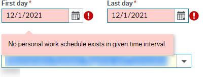Screenshot of work schedule warning