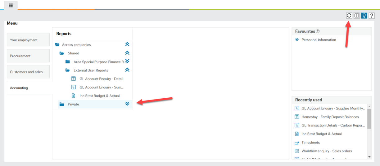 Employee Portal Workspace with a red arrow pointing to the circle made of two arrows in the top right corner and a red arrow pointing to the "Private" folder under Reports>Across Companies.