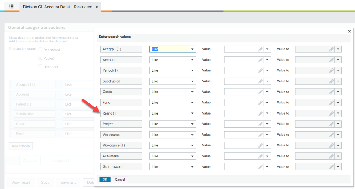 screenshot of "Enter search values" window showing four columns with red arrow pointing to Resno (T) in first column halfway down.
