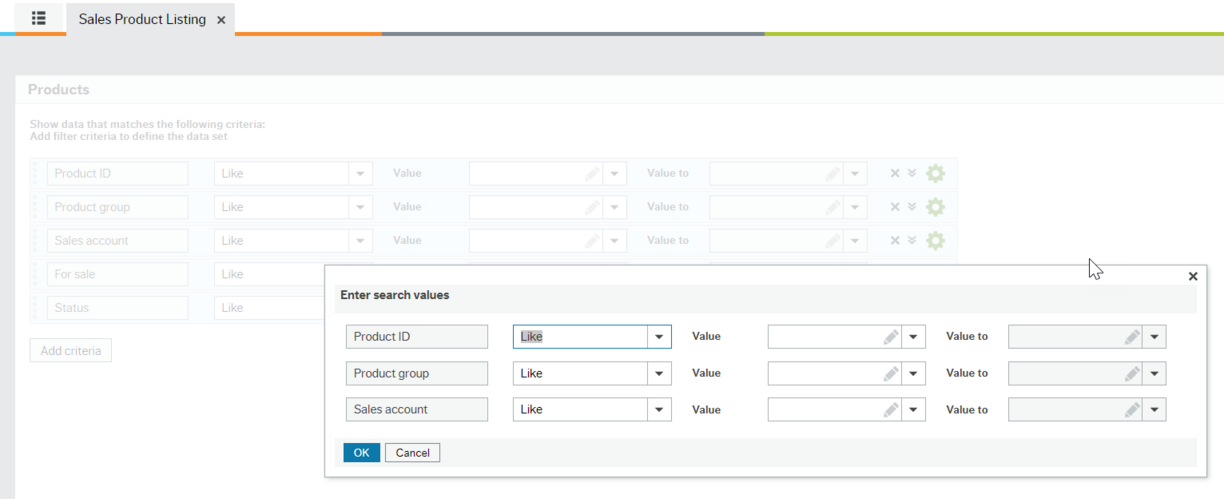 "Enter search values" dialogue box for the Sales Product Listing report open showing the options to choose values for Product ID, Product group or Sales account.