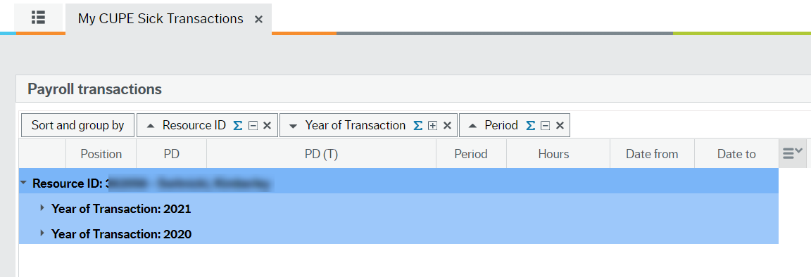 Screen showing My CUPE Sick Transactions report open with 2 blue lines - one dated 2021 and one dated 2020 