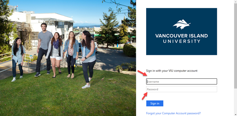 Single sign on screen showing username and password fields. Image of smiling students on campus.