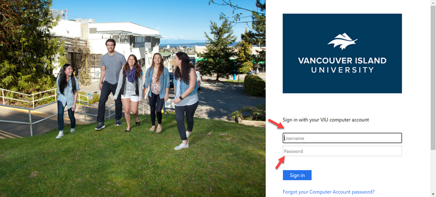 Sign on screen showing username and password fields with smiling students on VIU campus.