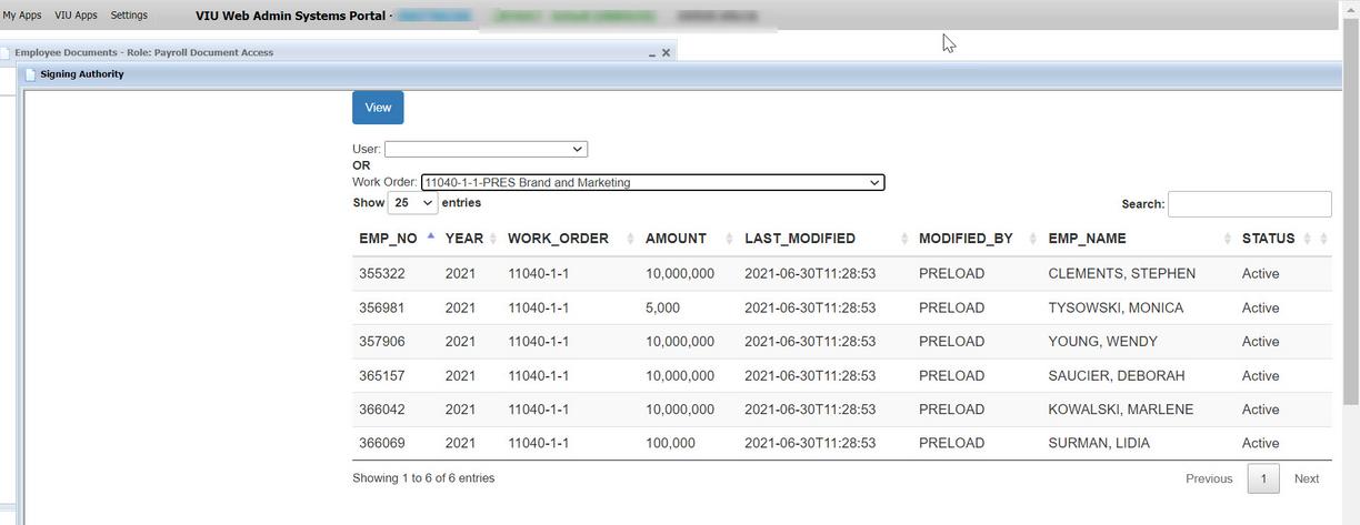 Signing Authority window open showing chosen Work Order number and a listing of the six employees and their associated signing authority dollar limits, as well as their Employee number, the current year and the date last modified.