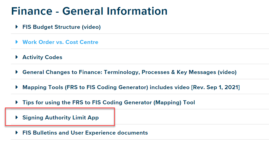 Screenshot of Finance training page menu headed Finance - General Information with a list of items and seventh one down says "Signing Authority Limit App" with a red box around it.