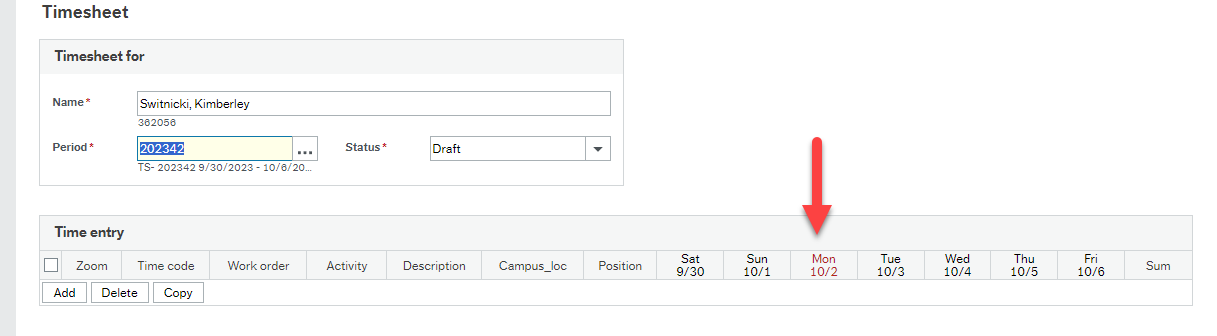 Red arrow pointing to red coloured Mon heading on Timesheet activity.