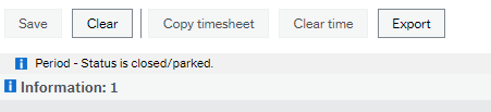 Command buttons at bottom of Timesheet entry window and Information line saying: Period - Status is closed/parked 