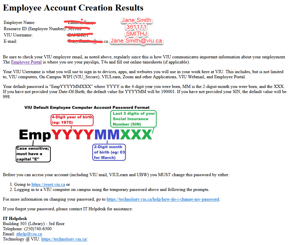 Screenshot of email sent to new employees when they are hired with instructions for setting up their computer accounts. 