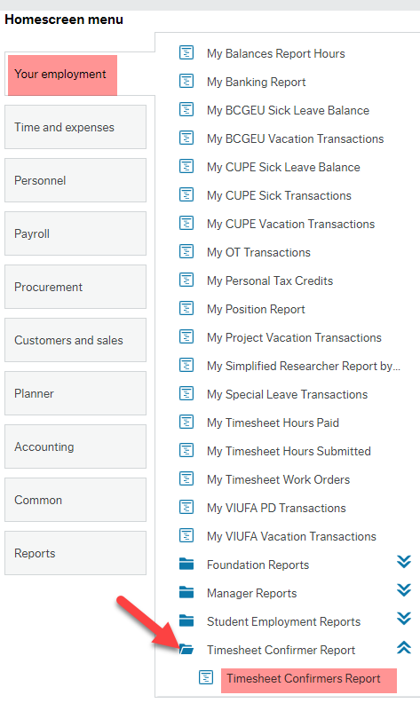 Red arrow pointing to Timesheet Confirmer Report folder with a highlight on the Timesheet Confirmers Report.