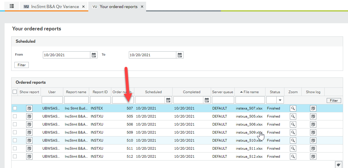 Screen shot of "Your ordered reports" window with red arrow pointing to "Order number" column showing the rows of data in numerical order according to numbers: 507, 508, 509, 510, 511, 512.