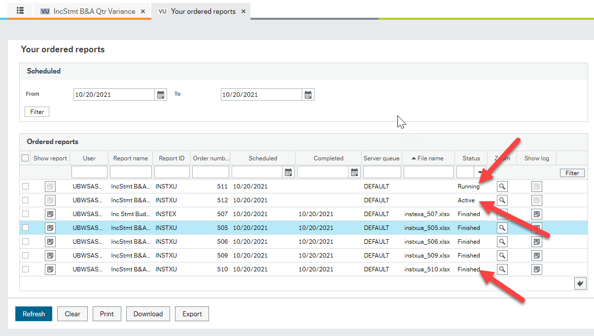 Screen shot of "Your ordered reports" window with red arrows pointing to three different items under the Status column indicating: Running, Active and Finished rows of data.