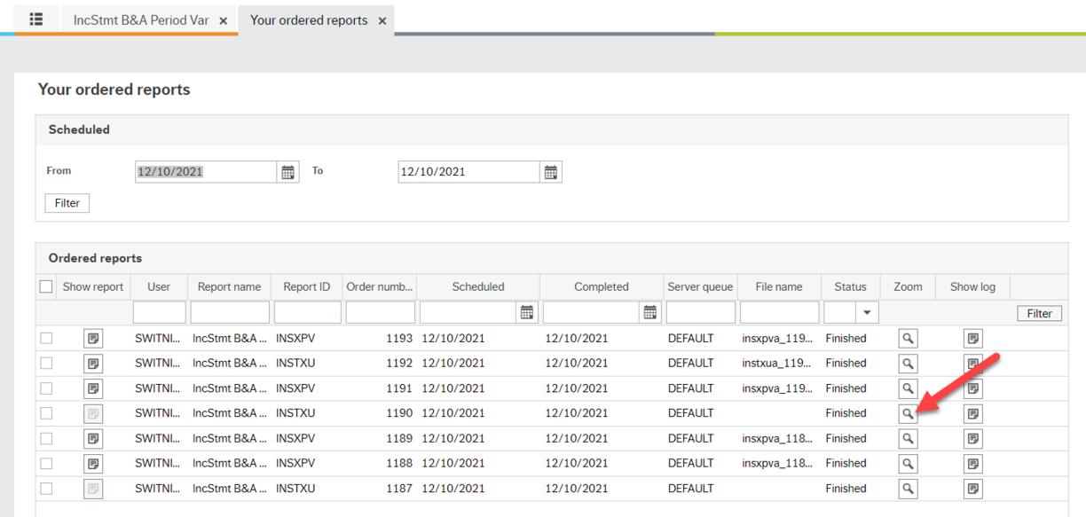 Screen shot of "Your ordered reports" window with red arrow pointing to a magnifying glass icon in a row of data with the "Show report" icon greyed out in the column titled Zoom.